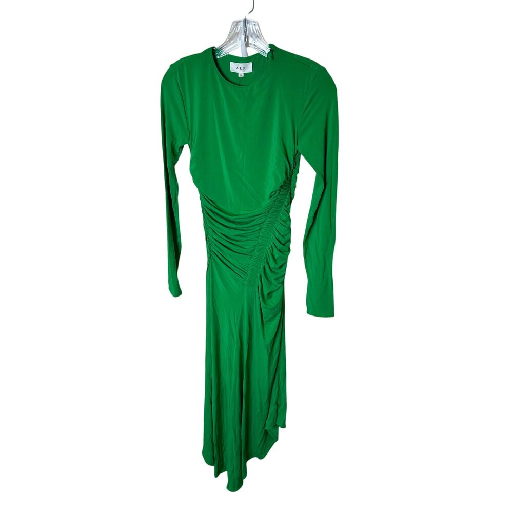 A.L.C. Fern Green Ruched Asymmetrical Midi Dress Long Sleeve Crew Neck XS NEW